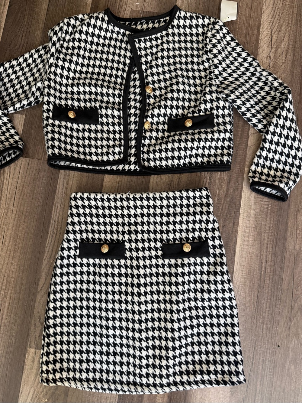 Girls Houndstooth Two-Piece Jacket & Skirt Set - Black & White